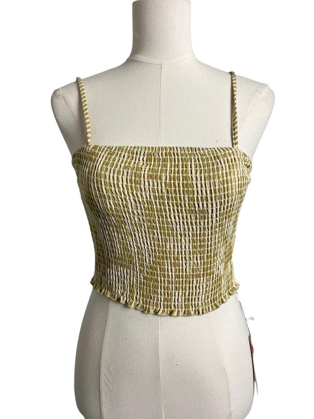 Sisstr Tank Top Womens Small Green Striped Smocked Square Neck Cropped Cami